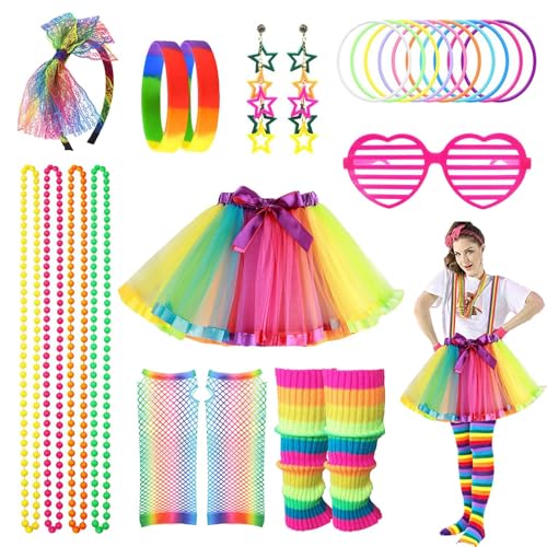 Ballery 80er Jahre Outfit Kinder Set, Kostüm Accessoires Set mit Tutu, Gürteltasche, Stirnband, Halskette, Netzhandschuhe, Thema Party Karneval Clothes von Ballery
