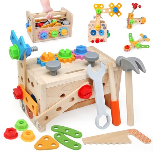 Ballery Montessori Holzspielzeug Werkzeugkoffer, 38 Stück Kinderwerkzeug Montessori Holzspielzeug, Werkzeugkoffer Kinder Werkbank, Pädagogisches Rollenspiel Motorik Lernspiele 3 4 5 Jahre von Ballery