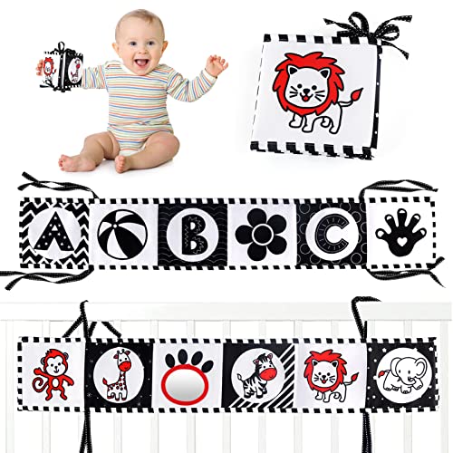 Ballery Schwarz Weiß Buch Baby, Kontrastbuch Baby Weiches Tuch Bücher Spielzeug mit Spiegeln Stoffbuch Baby Spielzeug Kinderwagenspielzeug ab 0 3 6 12 Monate (Tiere + Buchstaben) von Ballery