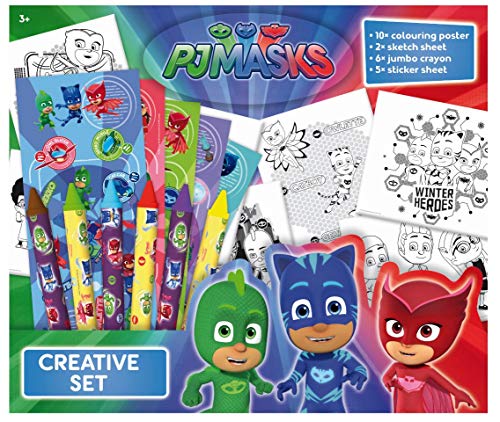 PJ Masks XL Kreativ Set: 10 tolle Bilder zum ausmalen, 2 Skizzen Blätter, 6 Wachsmalstifte, 5 Stickerbögen, alle Pyjamahelden dabei Gecko, Eulette, Catboy von Ballonheld
