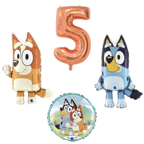 4 teiliges Ballonset mit Bluey und Bingo einer Ballonzahl mit der Nummer 5 in Rosegold und ein runder Ballon 4 teiliges Ballonset mit Bluey und Bingo einer Ballonzahl mit der Nummer 5 in Rosegold und ein runder Ballon von Ballonim