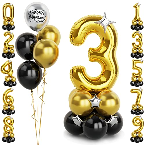Gold Luftballon Zahlen 3 Folienballon, 40 Zoll -100cm große 3 Jahre Helium Ballons Schwarz gold Geburtstag Luftballon für Jungen 3. Geburtstags party Deko(Nummer 3) von Balloon Dance