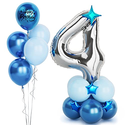 Silber Luftballon Zahlen 4 Folienballon, 40 Zoll -100cm große 4 Jahre Helium Ballons Blau Silber Geburtstag Luftballon für Jungen Kinder 4. Geburtstags party Deko(Nummer 4) von Balloon Dance