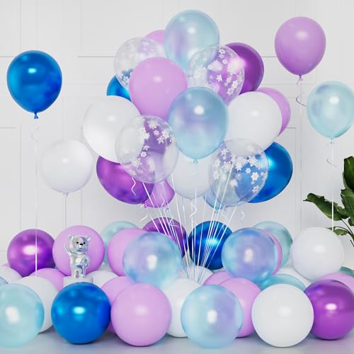 Frozen Blau Lila Luftballons, 50 Stück 12 Zoll Lila Weiß Blau Latex Ballons Mit Metallischen Schneeflocken Luftballons Für Helium Geburtstagsfeier Für Baby Party Hochzeit Karneval Feier Dekoration von Balloon Dance