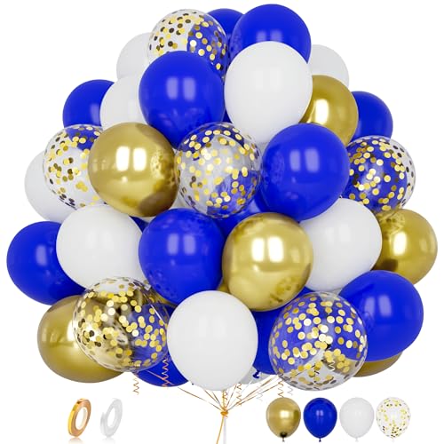 Luftballons Blau Gold, 60 Stück 12 Zoll Matt Marineblau Royalblau Weiß Metallic Chrom Gold Konfetti Latex Helium Ballon mit Band für Jungen Männer Kinder Geburtstag Hochzeit Babyparty Party Dekoration von Balloon Dance