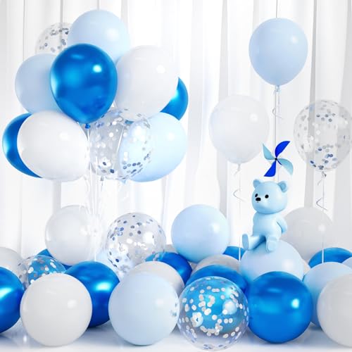 Luftballons Blau Weiß, 30 Stück Ballons Pastell Blau Weiss Party Luftballon Hellblau Metall Silber Konfetti Junge Männer Kinder Geburtstag Babyparty Taufe Geschlecht Offenbaren Jubiläum Hochzeit Deko von Balloon Dance