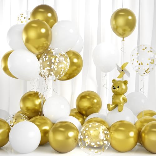 Luftballons Weiß Gold, 30 Stück Ballons Weiß und Gold Party Luftballon mit Konfetti Ballon Mädchen Junge Kinder Geburtstag Jubiläum Abschlussfeier Babyparty Hochzeit Verlobungs Braut Dusche Dekoration von Balloon Dance