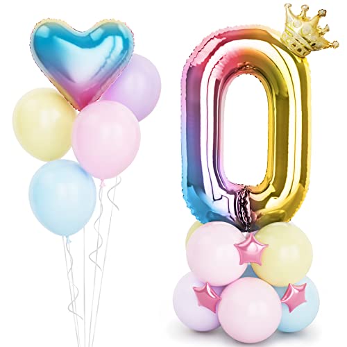 Regenbogen Luftballon Zahlen 0 Folienballon, 40 Zoll -100cm Helium Ballons 0 Jahre Bunt Farbverlauf Geburtstag Luftballon für Mädchen Geburtstags party Deko mit Krone(Nummer 0) von Balloon Dance