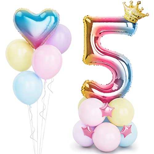Regenbogen Luftballon Zahlen 5 Folienballon, 40 Zoll -100cm Helium Ballons 5 Jahre Bunt Farbverlauf Geburtstag Luftballon für Mädchen 5. Geburtstags party Deko mit Krone(Nummer 5) von Balloon Dance