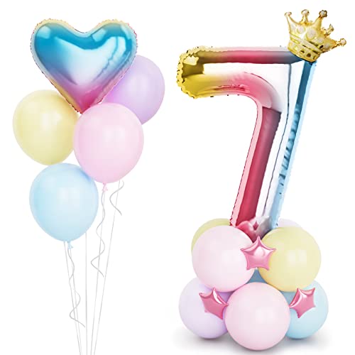 Regenbogen Luftballon Zahlen 7 Folienballon, 40 Zoll -100cm Helium Ballons 7 Jahre Bunt Farbverlauf Geburtstag Luftballon für Mädchen 7. Geburtstags party Deko mit Krone(Nummer 7) von Balloon Dance