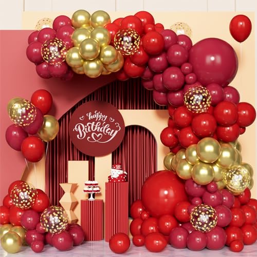 Rot Gold Luftballon Bogen Kit, 100 Pcs Rot Gold Ballon Girlanden Kit mit Konfetti Luftballons für Geburtstag Baby Shower Hochzeit Verlobung Jahrestag Party Dekorationen von Balloon Dance