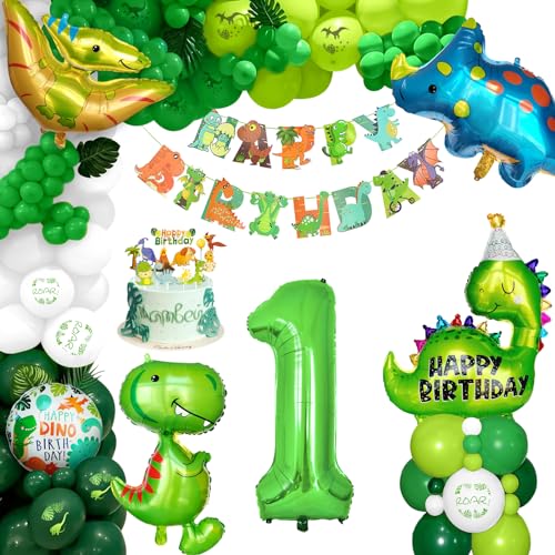 XXL Dino Geburtstag Deko, Dinosaurier Geburtstagsdeko 1 Jahre, 1. Kindergeburtstag Deko Zahlen Luftballon mit Happy Birthday Banner für Dinosaurier Party Dekoration Dschungel Party Kinder von Balloon Dance