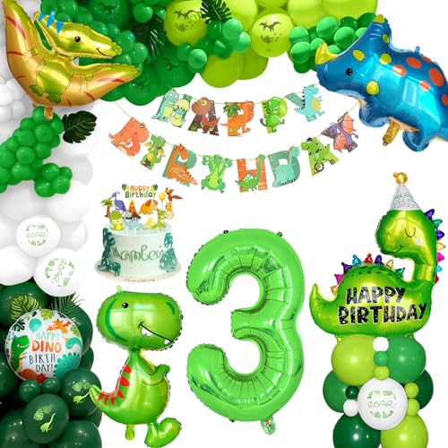 XXL Dino Geburtstag Deko, Dinosaurier Geburtstagsdeko 3 Jahre, 3. Kindergeburtstag Deko Zahlen Luftballon mit Happy Birthday Banner für Dinosaurier Party Dekoration Dschungel Party Kinder von Balloon Dance