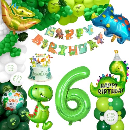 XXL Dino Geburtstag Deko, Dinosaurier Geburtstagsdeko 6 Jahre, 6. Kindergeburtstag Deko Zahlen Luftballon mit Happy Birthday Banner für Dinosaurier Party Dekoration Dschungel Party Kinder von Balloon Dance