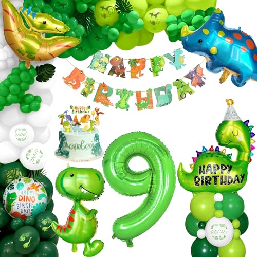 XXL Dino Geburtstag Deko, Dinosaurier Geburtstagsdeko 9 Jahre, 9. Kindergeburtstag Deko Zahlen Luftballon mit Happy Birthday Banner für Dinosaurier Party Dekoration Dschungel Party Kinder von Balloon Dance