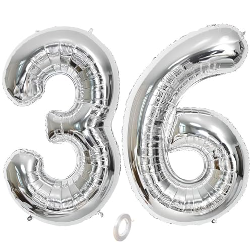 Balorise 40 Zoll Aluminium-Ballon, riesig, silberfarben, Zahl 36/63, aufblasbar, Helium, große Zahl 0-9, 10-100 (101 cm), Dekoration für Geburtstagsfeier und Hochzeit von Balorise