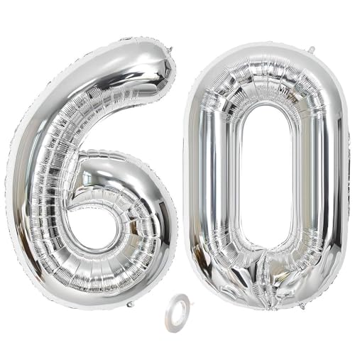 Balorise 40 Zoll Aluminium Luftballon Silber Zahl 60, Helium Unterstützt, Ballon Nummer 0-9, 10-100 (101cm), große Folienballons Dekoration für Geburtstagsfeier, Hochzeit, Jubiläum von Balorise