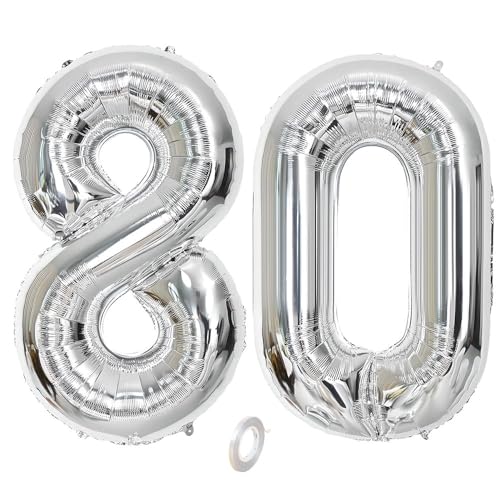 Balorise 40 Zoll Aluminium Luftballon Silber Zahl 80, Helium Unterstützt, Ballon Nummer 0-9, 10-100 (101cm), große Folienballons Dekoration für Geburtstagsfeier, Hochzeit, Jubiläum von Balorise