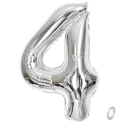 Balorise 40 Zoll Aluminium Luftballon Silber Zahl 4, Helium Unterstützt, Ballon Nummer 0-9, 10-100 (101cm), große Folienballons Dekoration für Geburtstagsfeier, Hochzeit, Jubiläum von Balorise