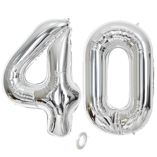 Balorise Riesen-Ballon, Aluminium, 40 Zoll, silberfarben, Zahl 40, aufblasbar, Helium, große Zahl 0-9, 10-100 (101 cm), Dekoration für Geburtstagsfeier und Hochzeit von Balorise
