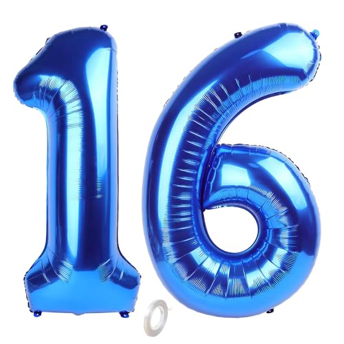 Balorise 40 Zoll Aluminium Luftballon Blau Zahl 16/61, Helium Unterstützt, Ballon Nummer 0-9, 10-100 (101cm), große Folienballons Dekoration für Geburtstagsfeier, Hochzeit, Jubiläum von Balorise