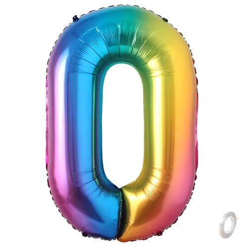 Balorise Riesen-Ballon, Aluminium, Regenbogen, Zahl 0, aufblasbar, Helium, große Zahl 0-9, 10-100 (101 cm), Dekoration für Geburtstagsfeier und Hochzeit von Balorise