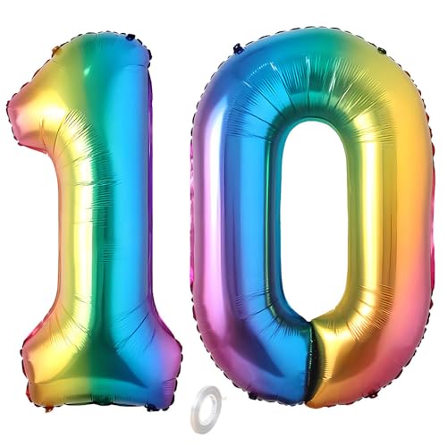 Balorise 40 Zoll Aluminium Luftballon Regenbogen Zahl 10, Helium Unterstützt, Ballon Nummer 0-9, 10-100 (101cm), große Folienballons Dekoration für Geburtstagsfeier, Hochzeit, Jubiläum von Balorise