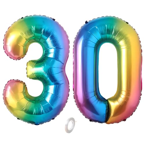 Balorise Riesen-Ballon, Aluminium, Regenbogen, Zahl 30, aufblasbar, Helium, große Zahl 0-9, 10-100 (101 cm), Dekoration für Geburtstagsfeier und Hochzeit von Balorise