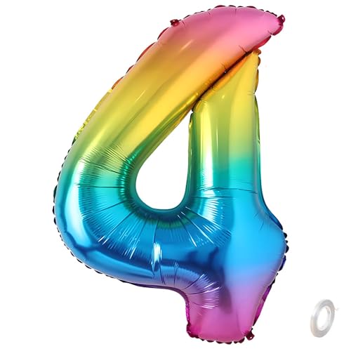 Balorise Riesen-Ballon, Aluminium, Regenbogen, Zahl 4, aufblasbar, Helium, große Zahl 0-9, 10-100 (101 cm), Dekoration für Geburtstagsfeier und Hochzeit von Balorise
