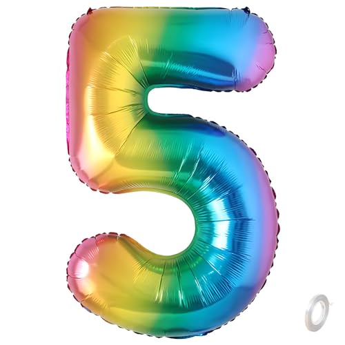 Balorise 40 Zoll Aluminium Luftballon Regenbogen Zahl 5, Helium Unterstützt, Ballon Nummer 0-9, 10-100 (101cm), große Folienballons Dekoration für Geburtstagsfeier, Hochzeit, Jubiläum von Balorise