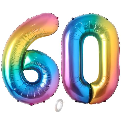 Balorise Riesen-Ballon, Aluminium, Regenbogen, Zahl 60, aufblasbar, Helium, große Zahl 0-9, 10-100 (101 cm), Dekoration für Geburtstagsfeier und Hochzeit von Balorise