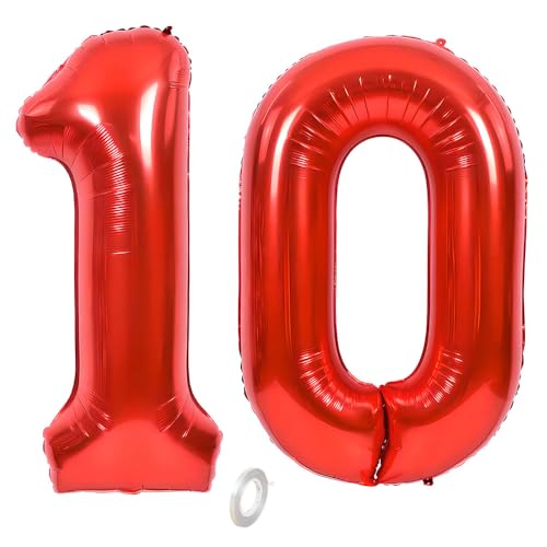 Balorise Riesen-Ballon, Aluminium, Rot, Zahl 10, aufblasbar, Helium, große Zahl 0-9, 10-100 (101 cm), Dekoration für Geburtstagsfeier und Hochzeit von Balorise