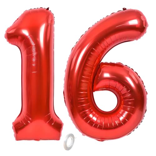 Balorise 40 Zoll Aluminium Luftballon Rot Zahl 16/61, Helium Unterstützt, Ballon Nummer 0-9, 10-100 (101cm), große Folienballons Dekoration für Geburtstagsfeier, Hochzeit, Jubiläum von Balorise