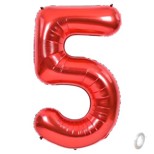 Balorise Riesen-Ballon, Aluminium, Rot, Zahl 5, aufblasbar, Helium, große Zahl 0-9, 10-100 (101 cm), Dekoration für Geburtstagsfeier und Hochzeit von Balorise