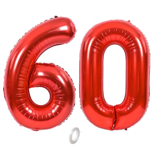 Balorise Riesen-Ballon, Aluminium, Rot, Zahl 60, aufblasbar, Helium, große Zahl 0-9, 10-100 (101 cm), Dekoration für Geburtstagsfeier und Hochzeit von Balorise