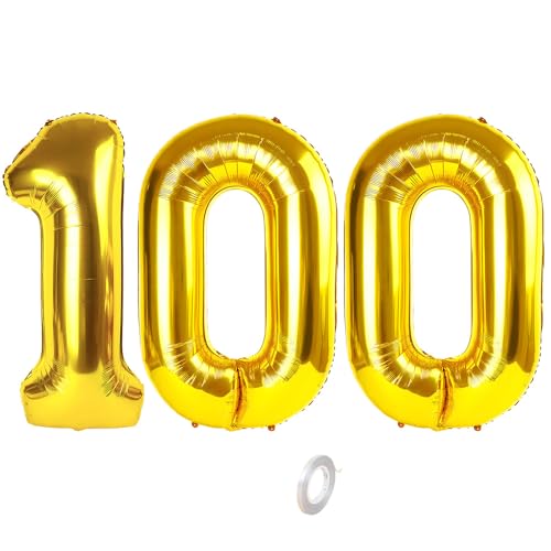 Balorise 40 Zoll Aluminium Luftballon Gold Zahl 100, Helium Unterstützt, Ballon Nummer 0-9, 10-100 (101cm), große Folienballons Dekoration für Geburtstagsfeier, Hochzeit, Jubiläum von Balorise