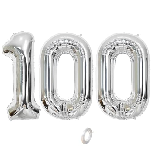 Balorise 40 Zoll Aluminium Luftballon Silber Zahl 100, Helium Unterstützt, Ballon Nummer 0-9, 10-100 (101cm), große Folienballons Dekoration für Geburtstagsfeier, Hochzeit, Jubiläum von Balorise