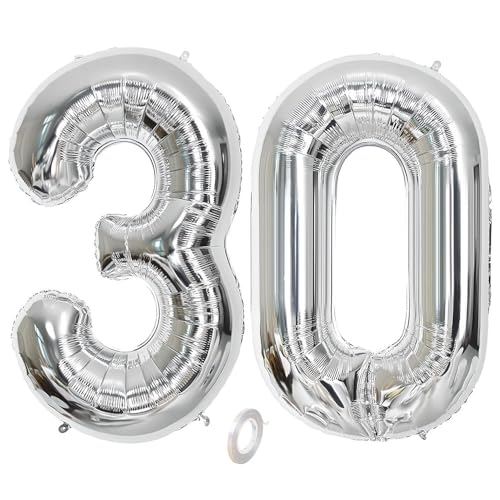 Balorise Riesen-Ballon, Aluminium, silberfarben, Zahl 30, aufblasbar, Helium, große Zahl 0-9, 10-100 (101 cm), Dekoration für Geburtstagsfeier und Hochzeit von Balorise