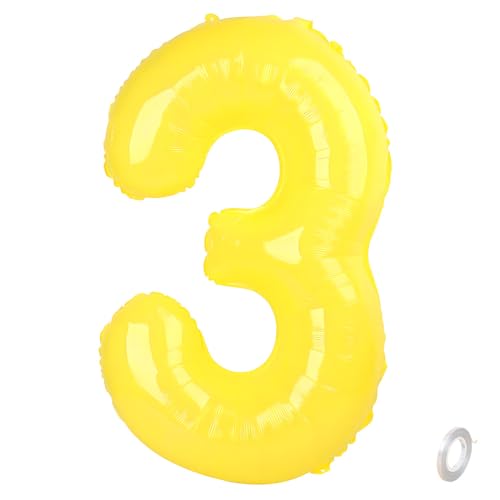Balorise 40 Zoll Aluminium Luftballon Gelb Zahl 3, Helium Unterstützt, Ballon Nummer 0-9, 10-100 (101cm), große Folienballons Dekoration für Geburtstagsfeier, Hochzeit, Jubiläum von Balorise
