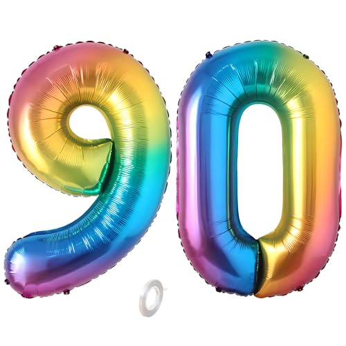 Balorise 40 Zoll Aluminium Luftballon Regenbogen Zahl 90, Helium Unterstützt, Ballon Nummer 0-9, 10-100 (101cm), große Folienballons Dekoration für Geburtstagsfeier, Hochzeit, Jubiläum von Balorise