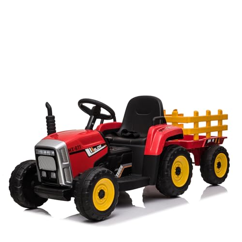 12V Kindertraktor, Kinder-Elektrofahrzeug mit Anhänger, mit Fernbedienung/7 LED-Scheinwerfer/2+1 Variable Geschwindigkeit/MP3-Player/USB-Schnittstelle, geeignet für Kinder von 3-6 Jahren-Rot 12V Kindertraktor, Kinder-Elektrofahrzeug mit Anhänger, mit Fernbedienung/7 LED-Scheinwerfer/2+1 Variable Geschwindigkeit/MP3-Player/USB-Schnittstelle, geeignet für Kinder von 3-6 Jahren-Rot von Baloveby