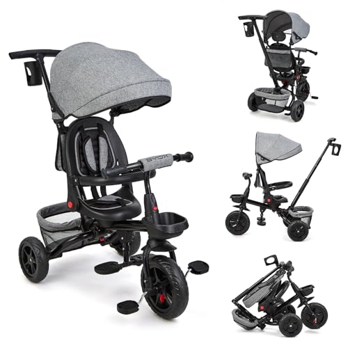 Baby Dreirad 6 In 1 Kinderdreirad Mit Schubstange, Kinderdreirad für 9 Monate Bis 5 Jahre Mit Umkehrbarem Sitz, Ausklappbarem Verdeck Mit Sonnenschutz, Kinderwagen Faltbar, Babyfahrrad (Grau) von Baloveby
