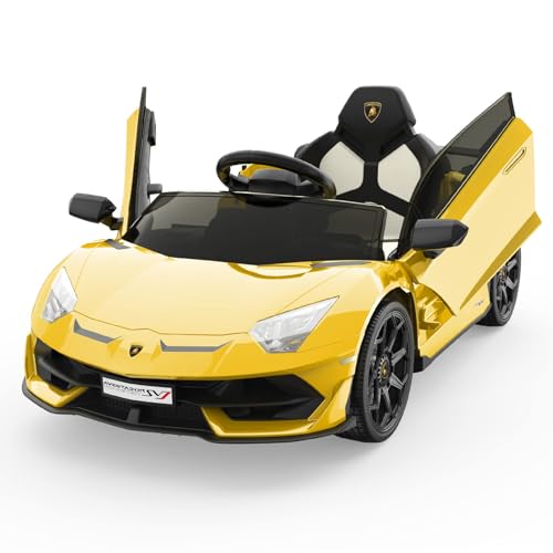 Elektroauto für Kinder, 12V lizenzierte Lamborghini Kinderauto, batteriebetriebener Elektroauto mit Steuerung, 2 Geschwindigkeiten, Soundsystem, LED-Scheinwerfern und hydraulischen Türen (Gelb) von Baloveby