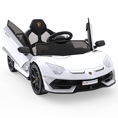 Elektroauto für Kinder, 12V lizenzierte Lamborghini Kinderauto, batteriebetriebener Elektroauto mit Steuerung, 2 Geschwindigkeiten, Soundsystem, LED-Scheinwerfern und hydraulischen Türen (Weiß) von Baloveby