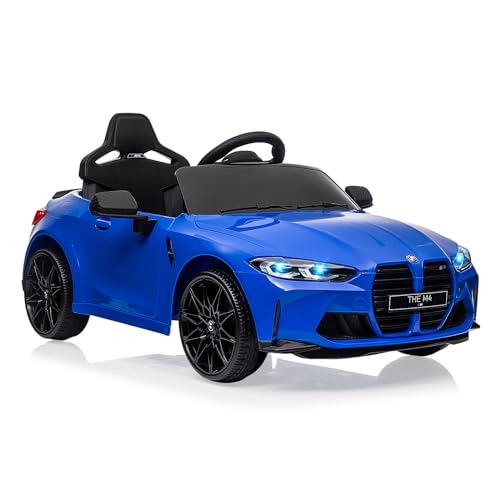 Kinder Elektroauto lizenziert BMW M4 mit 2,4G-Fernbedienung, 12V Elektrofahrzeug für Kinder Geschwindigkeit 3 ​​km/h, Hupe, LED und Musik, für Kinder ab 3 Jahre (Blau) von Baloveby