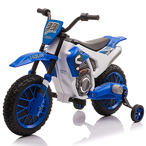 Kinder Fahren mit dem Motorrad, 12V 7ah Batteriebetriebenes 2 Geschwindigkeiten Off-Road Motocross mit 35W starkem Motor, Stützrädern, Federaufhängung,Blau von Baloveby