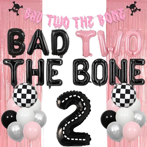 Balterever „Bad Two The Bone“-Geburtstagsdekorationen, rosa-schwarze, rockige Themenparty zum 2. Geburtstag mit „Bad Two The Bone“-Ballonbanner, rosa Fransenvorhang für den 2. Rock-and-Roll von Balterever