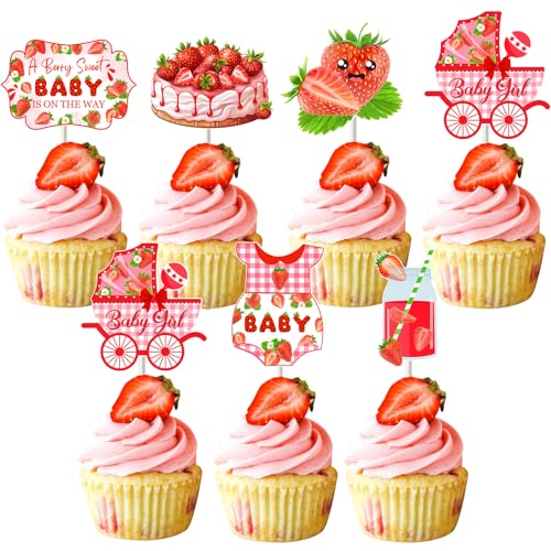 Balterever 36 Stück Erdbeer-Babyparty-Cupcake-Topper, Erdbeer-Babyparty-Dekorationen, „A Berry Sweet Baby Is On The Way“-Dekorationen, Erdbeer-Babyparty-Tischdekoration für von Balterever