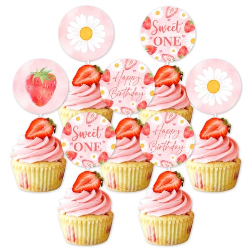 Balterever Erdbeer-Gänseblümchen-Dekorationen für erste Party, 36 Stück, Erdbeer-Gänseblümchen-Dekoration, Erdbeere, Gänseblümchen, erster Geburtstag, Partyzubehör für von Balterever