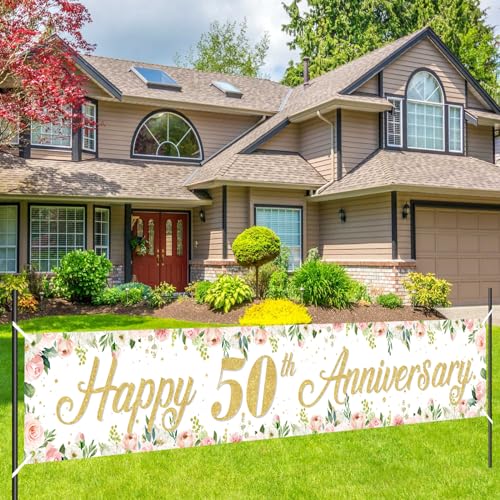 Balterever Happy 50th Anniversary Banner Dekoration Gold Floral 50th Anniversary Yard Banner 50th Anniversary Yard Sign Prost to 50 Years Decor Happy Anniversary Party Banner Photo Booth für von Balterever